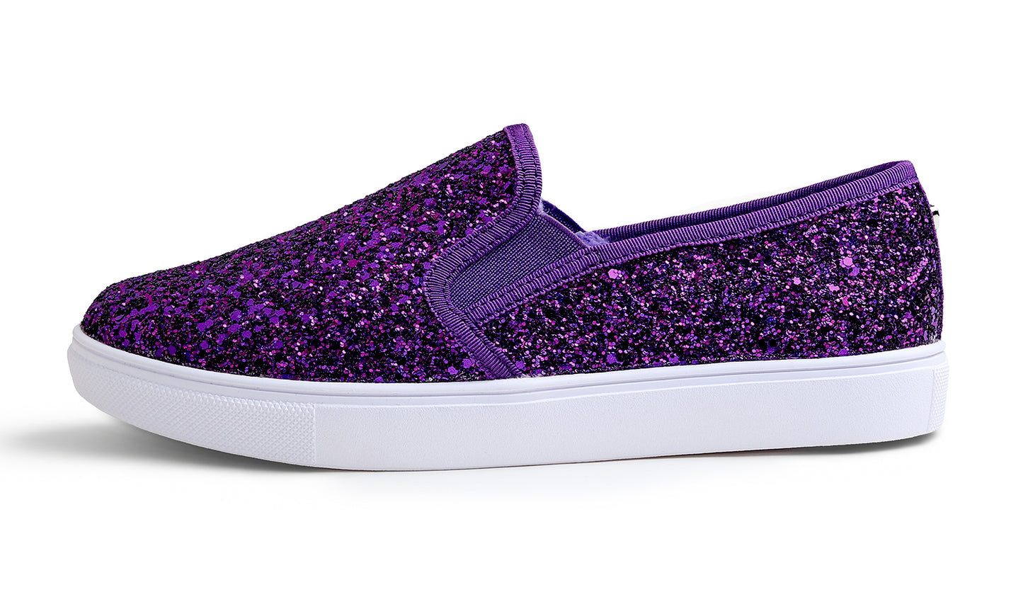 Feversole Women's Fashion Sparkly Slip On Sneaker for Winter Fur Lined Party Holiday Flat Loafers Glitter