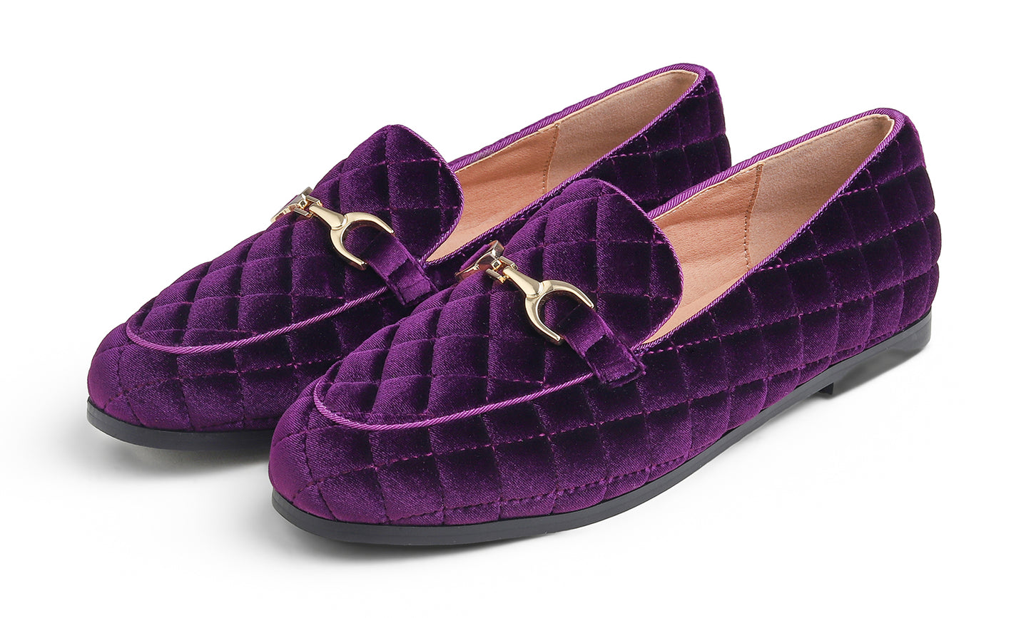 Feversole Women's Fashion Comfortable Penny Loafer Buckle Dressy Shoes Velvet Quilted