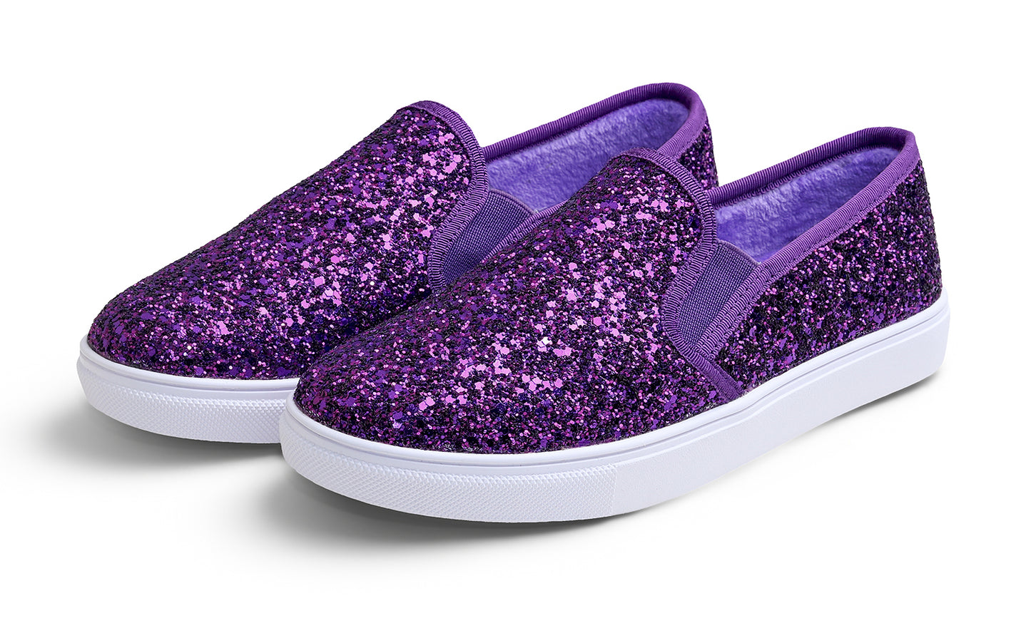 Feversole Women's Fashion Sparkly Slip On Sneaker for Winter Fur Lined Party Holiday Flat Loafers Glitter