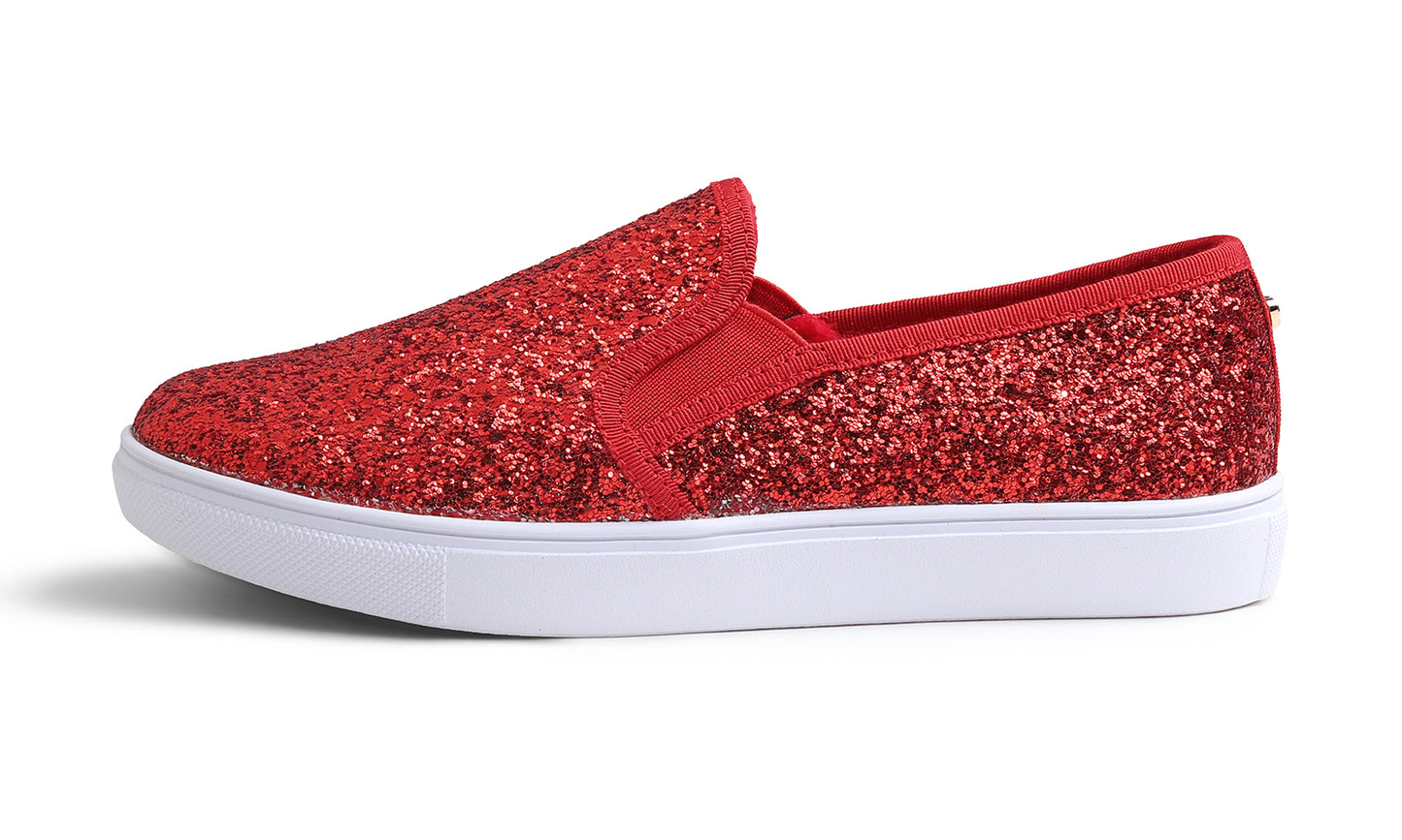 Feversole Women's Fashion Sparkly Slip On Sneaker for Winter Fur Lined Party Holiday Flat Loafers Glitter