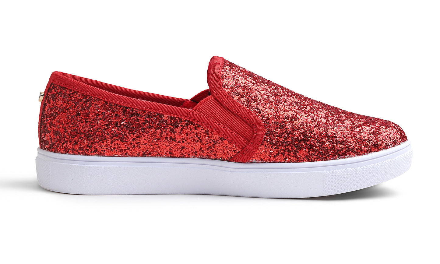 Feversole Women's Fashion Sparkly Slip On Sneaker for Winter Fur Lined Party Holiday Flat Loafers Glitter