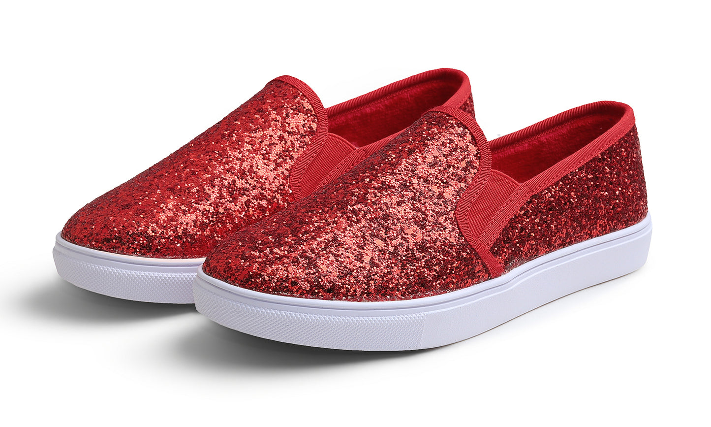 Feversole Women's Fashion Sparkly Slip On Sneaker for Winter Fur Lined Party Holiday Flat Loafers Glitter