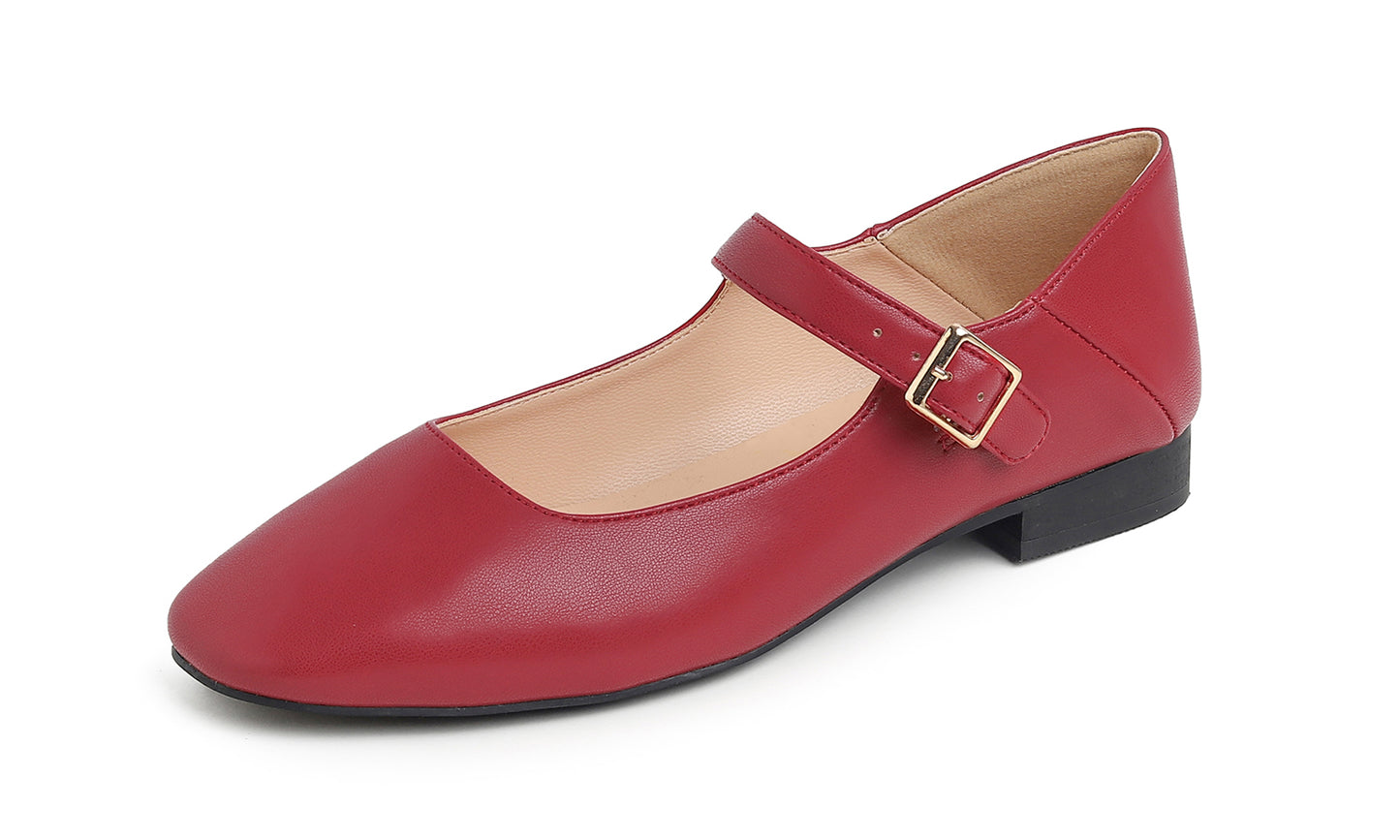 Feversole Women's Mary Jane Fashion Square Toe Easy Buckle Low Heel Slip On Flats Vegan Leather