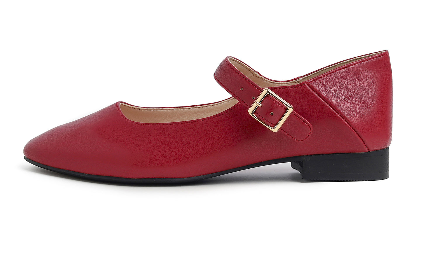 Feversole Women's Mary Jane Fashion Square Toe Easy Buckle Low Heel Slip On Flats Vegan Leather
