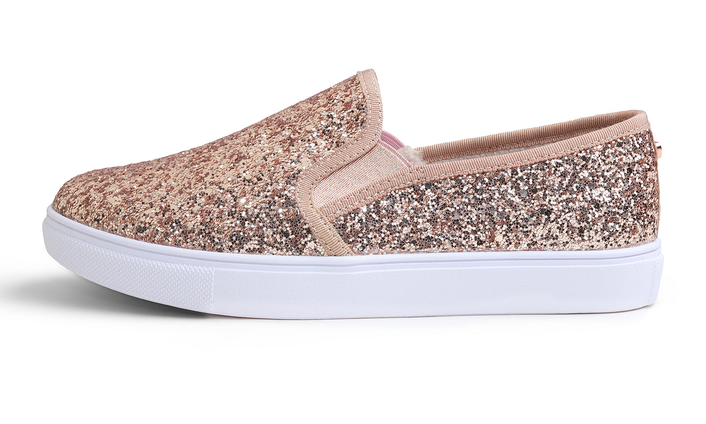 Feversole Women's Fashion Sparkly Slip On Sneaker for Winter Fur Lined Party Holiday Flat Loafers Glitter