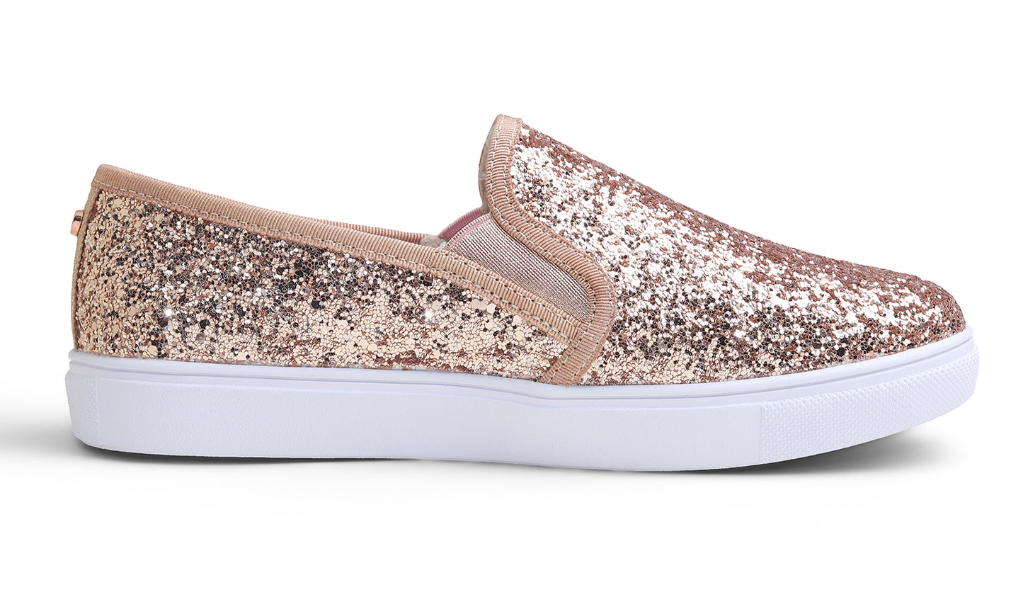 Feversole Women's Fashion Sparkly Slip On Sneaker for Winter Fur Lined Party Holiday Flat Loafers Glitter