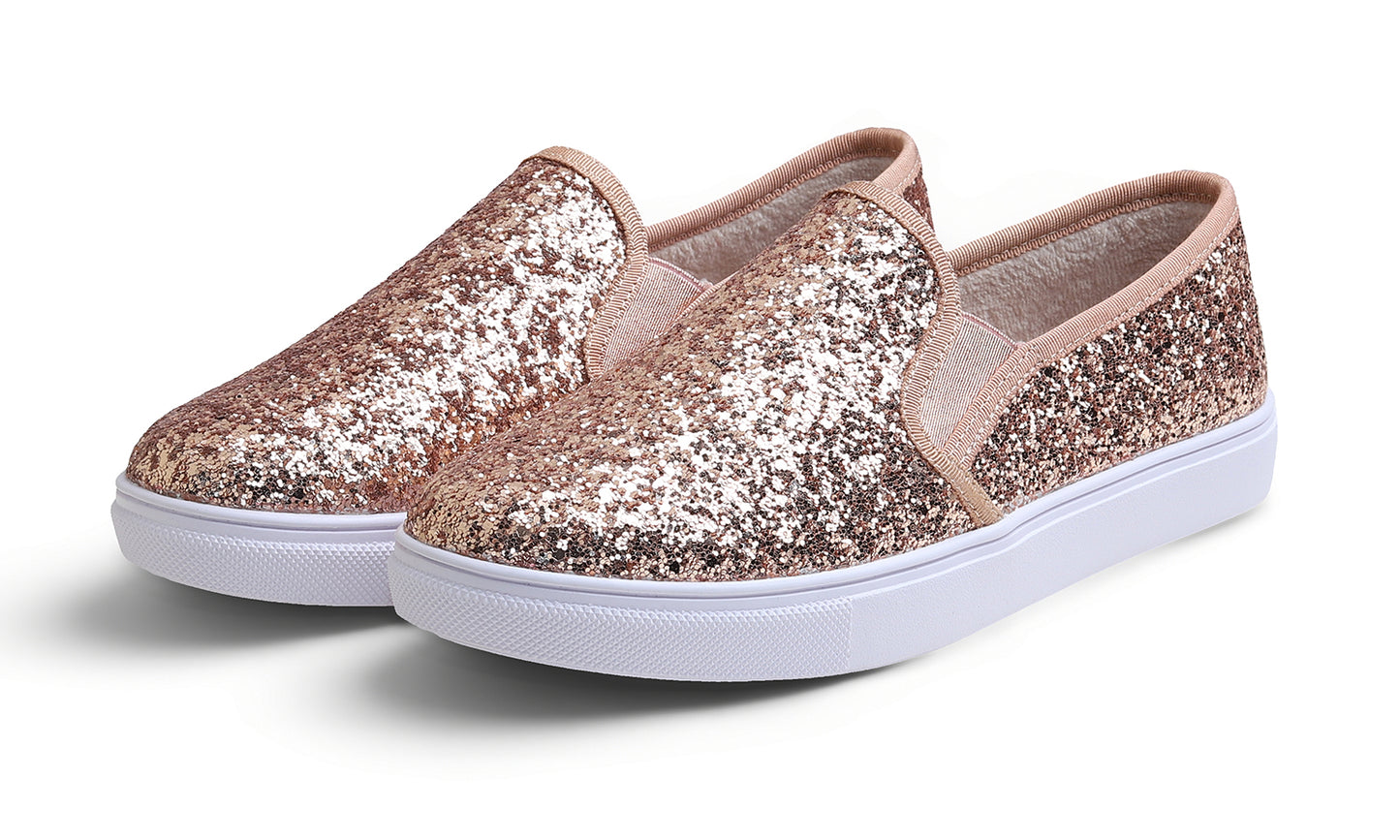 Feversole Women's Fashion Sparkly Slip On Sneaker for Winter Fur Lined Party Holiday Flat Loafers Glitter