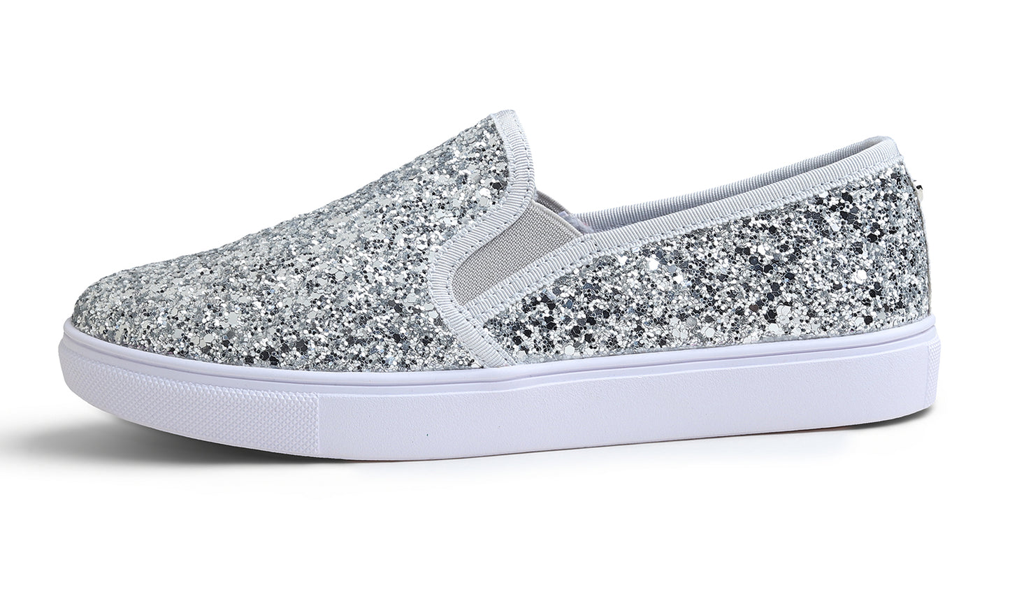 Feversole Women's Fashion Sparkly Slip On Sneaker for Winter Fur Lined Party Holiday Flat Loafers Glitter
