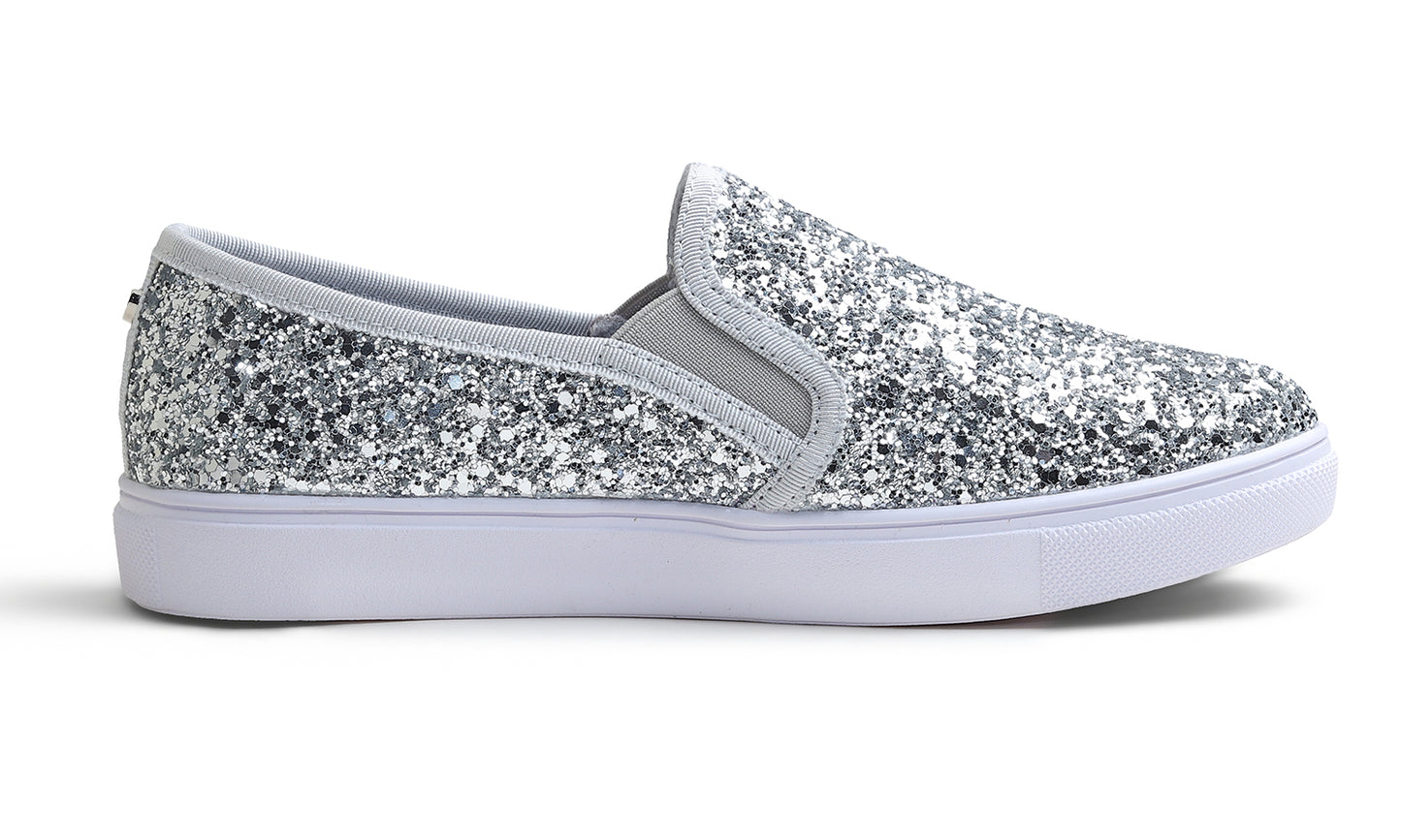 Feversole Women's Fashion Sparkly Slip On Sneaker for Winter Fur Lined Party Holiday Flat Loafers Glitter