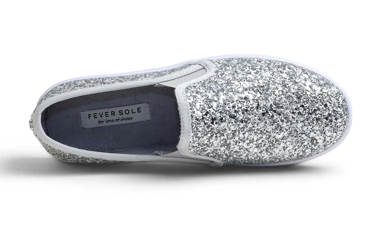 Feversole Women's Fashion Sparkly Slip On Sneaker for Winter Fur Lined Party Holiday Flat Loafers Glitter