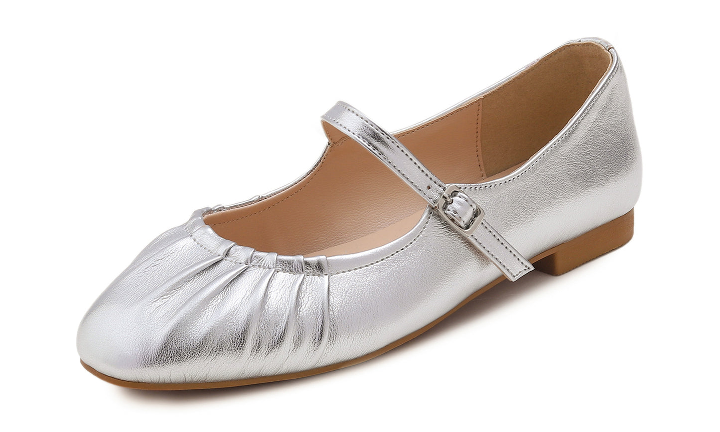 BREEZE NOUTHERLY Women's Square Toe Mary Jane Fashion Ballet with Strap Comfort Dressy Working Flats Vegan Leather Wrinkle Deco