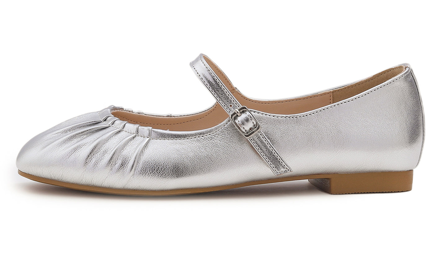 BREEZE NOUTHERLY Women's Square Toe Mary Jane Fashion Ballet with Strap Comfort Dressy Working Flats Vegan Leather Wrinkle Deco