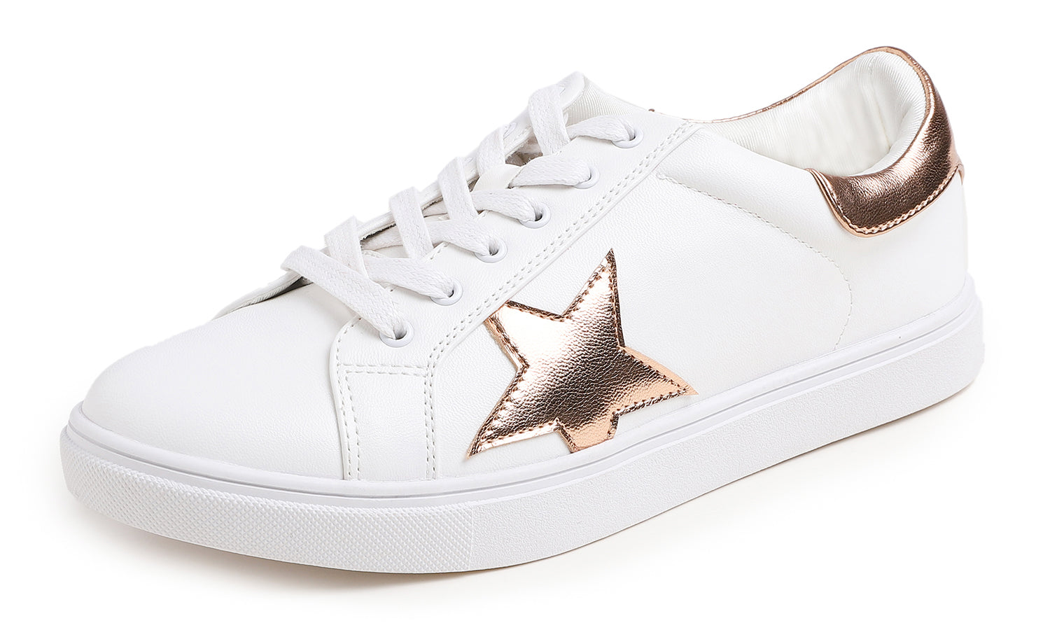 Feversole Women's Featured PU Leather White Lace Up Sneaker Rose Gold Star