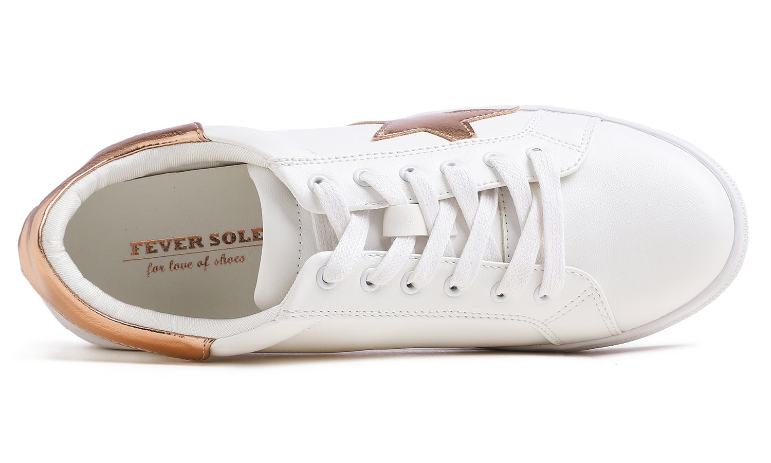 Feversole Women's Featured PU Leather White Lace Up Sneaker Rose Gold Star
