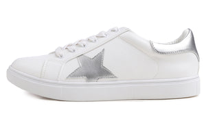 Feversole Women's Featured PU Leather White Lace Up Sneaker Silver Star