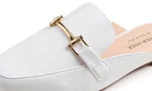 Feversole Women's Fashion Deco Mules Slip On Backless Slide Flats White Vegan Leather