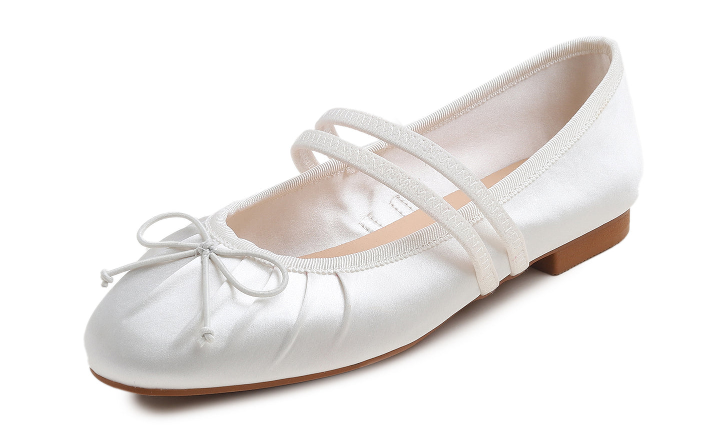 BREEZE NOUTHERLY Women's Square Toe Mary Jane Fashion Ballet with Strap Comfort Dressy Working Flats Black Silky Wrinkle Deco