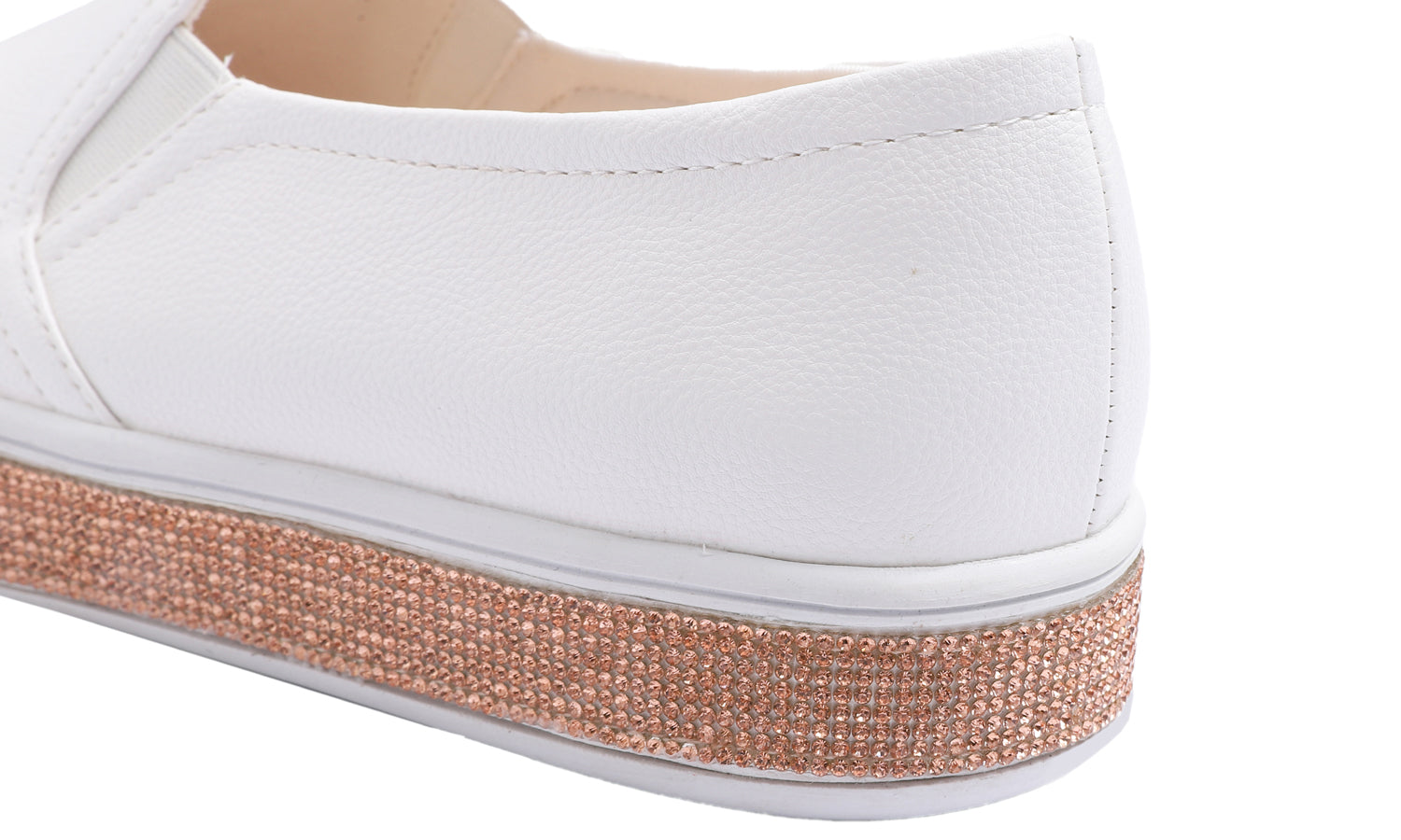 Feversole Women's Fashion Slip-On Sneaker Casual Platform Loafers White Rose Gold Rhinestone Shoes