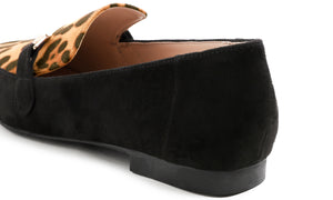 Feversole Women's Fashion Trim Deco Loafer Flats Black Leopard Faux Suede