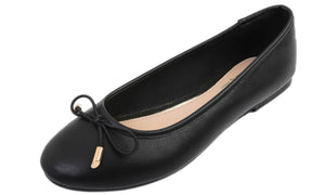 Feversole Women's Soft Cushion Comfort Round Toe Metal Trim Fashion Ballet Flats Walking Shoes Black PU Leather