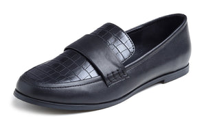 Feversole Women's Fashion Dress Comfort Low Heel Office Penny Loafer Flats Black Plain Welt Vegan Leather Croc