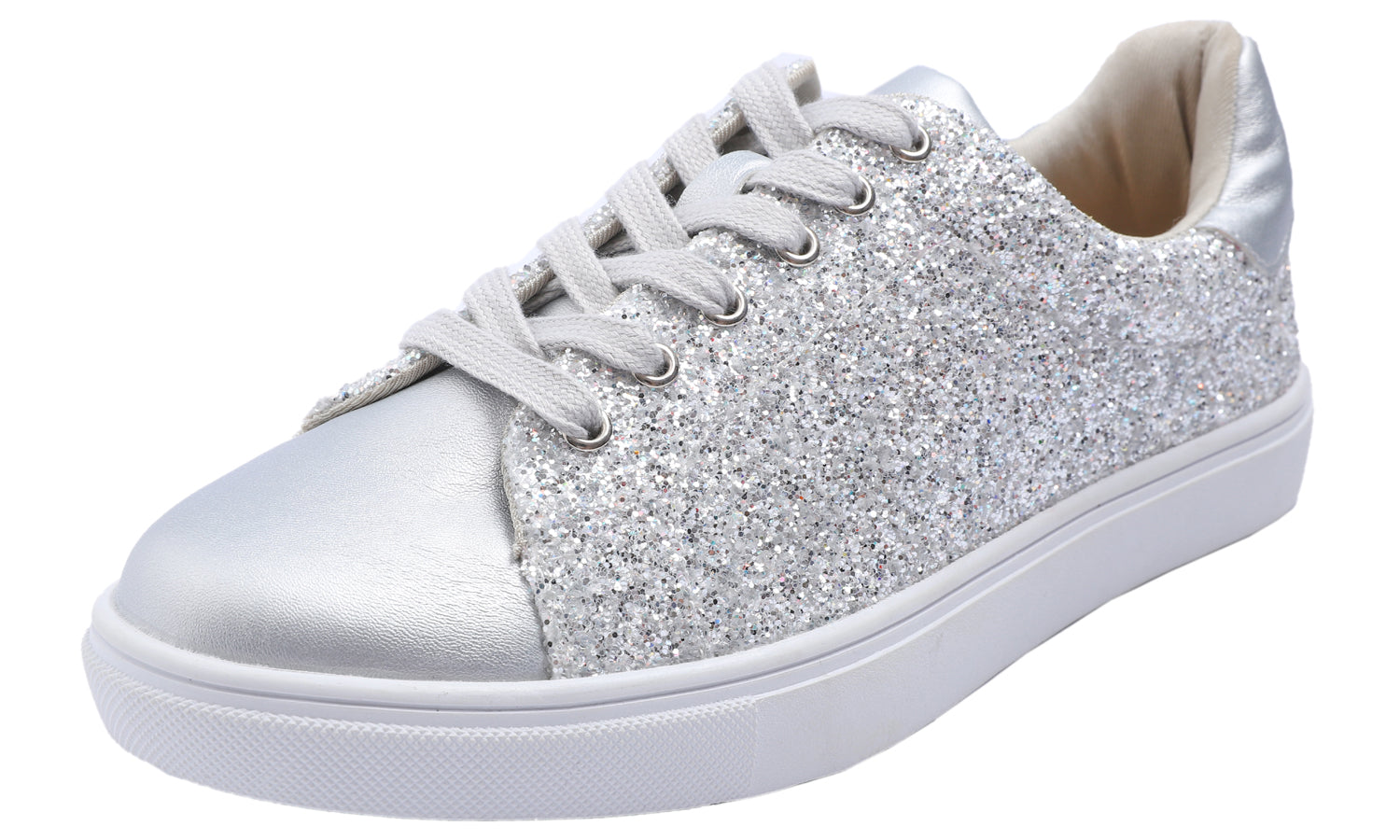 Feversole Women's Fashion Dress Sneakers Party Bling Casual Flats Embellished Shoes Ice Silver Glitter Lace