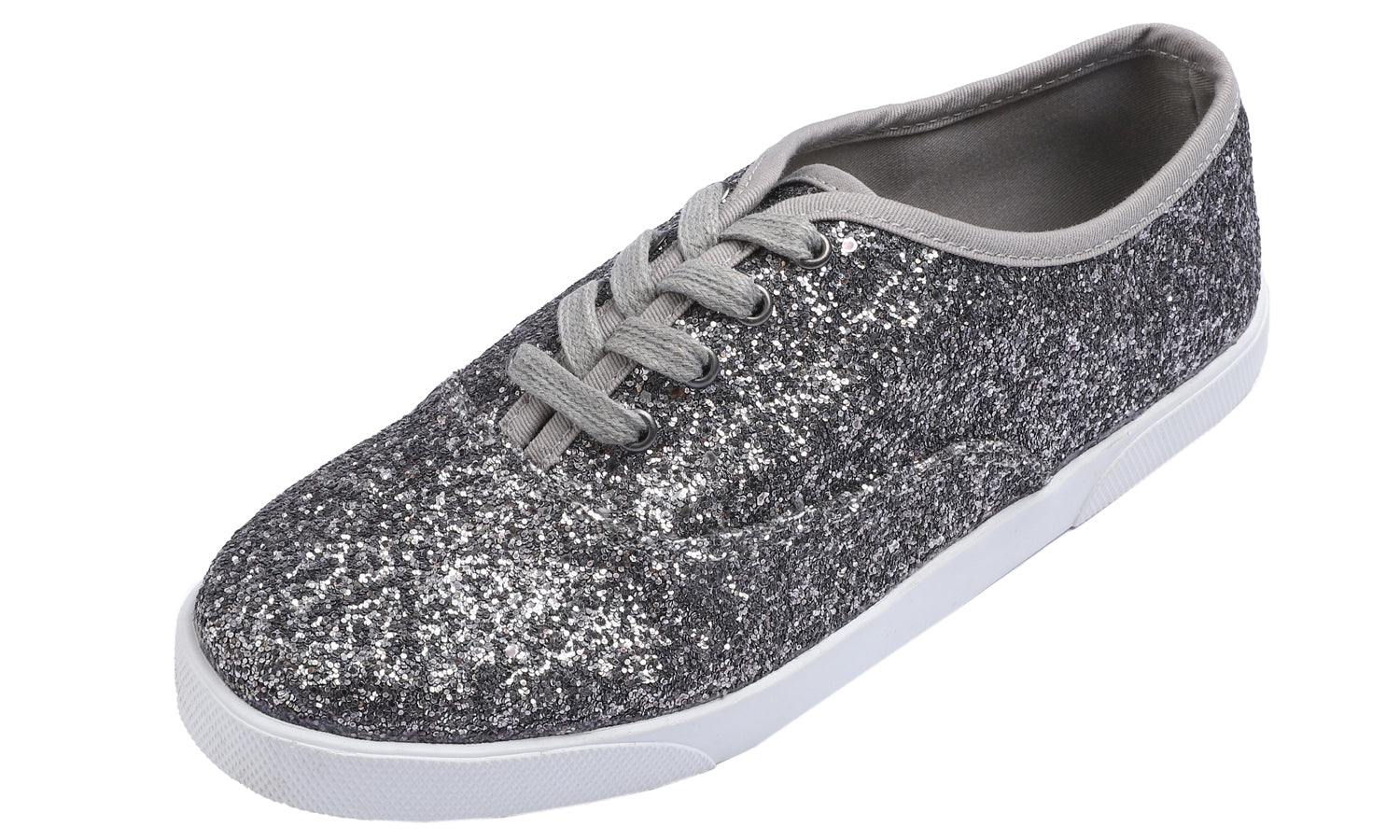 Feversole Women's Fashion Dress Sneakers Party Bling Casual Flats Embellished Shoes Pewter Plimsolls Glitter Lace