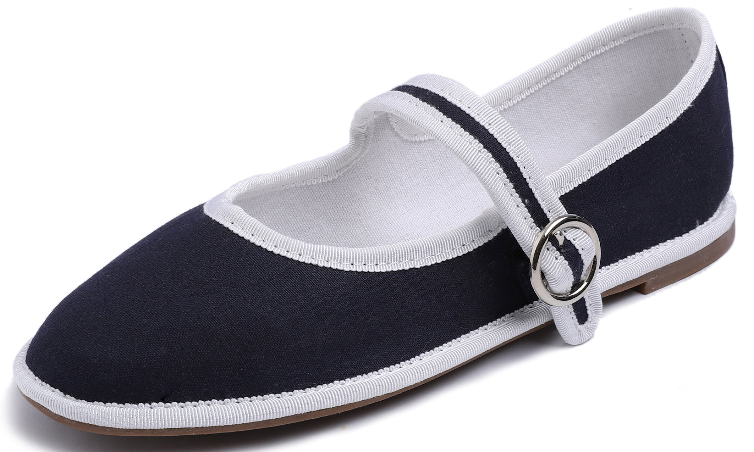 Feversole Women's Soft Breathable Mary Jane Memory Foam Cushioned Comfort Round Toe Metal Buckle Flats Walking Shoes Navy Blue Canvas