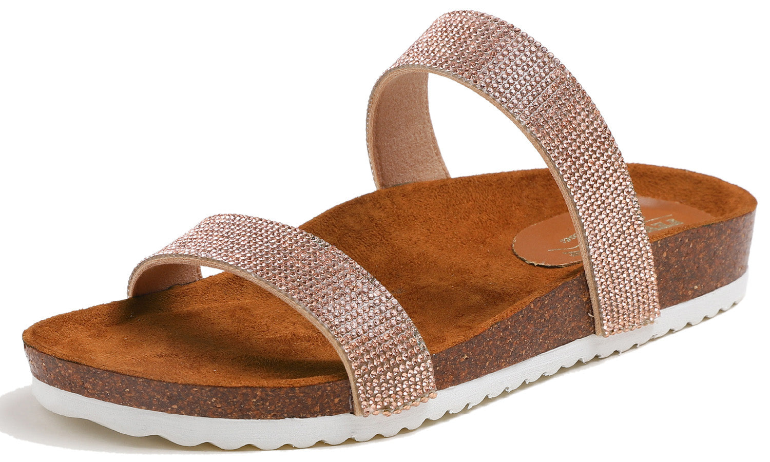 Feversole Women's Fashion Sparkle Slide Sandals Soft Cork Footbed Comfort Flats Rose Gold Rhinestone