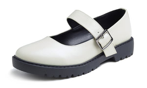 Feversole Women's Fashion Trim Deco Loafer Flats Beige Vegan Leather Back Strap Buckle
