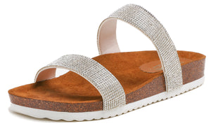 Feversole Women's Fashion Sparkle Slide Sandals Soft Cork Footbed Comfort Flats Silver Rhinestone