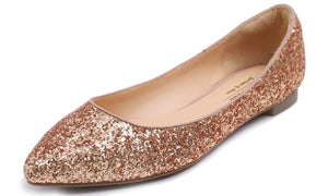 Feversole Women's Sparkle Memory Foam Cushioned Colorful Shiny Ballet Flats Glitter Rose Gold Pointed
