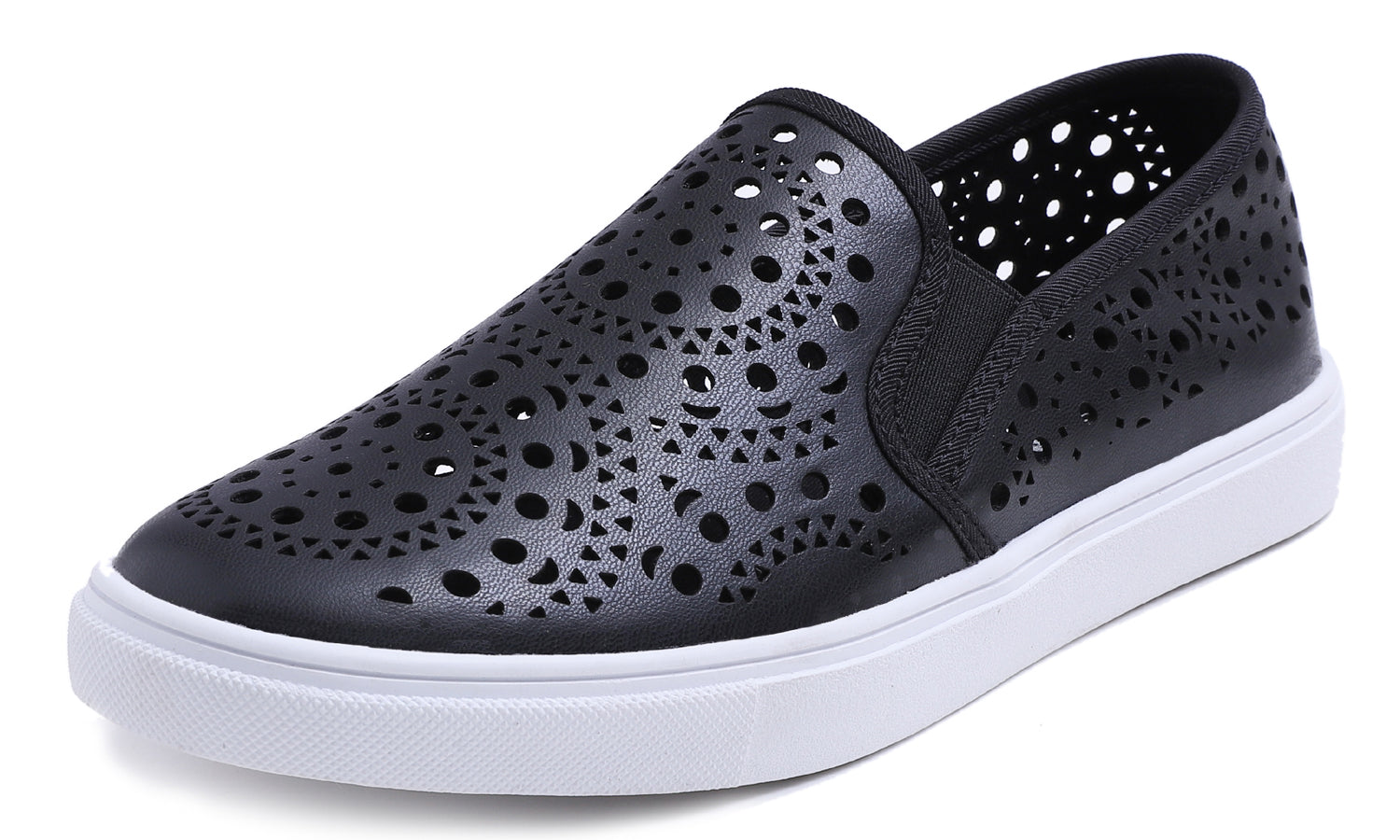 Feversole Women's Casual Slip On Sneaker Comfort Cupsole Loafer Flats Black Cutout Vegan Leather