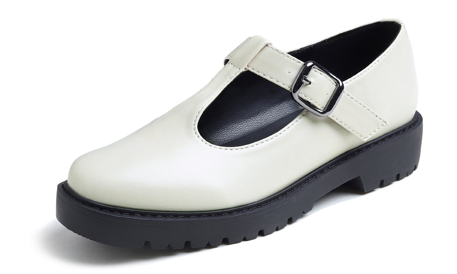 Feversole Women's Fashion Trim Deco Loafer Flats Beige Vegan Leather Mary Jane Buckle