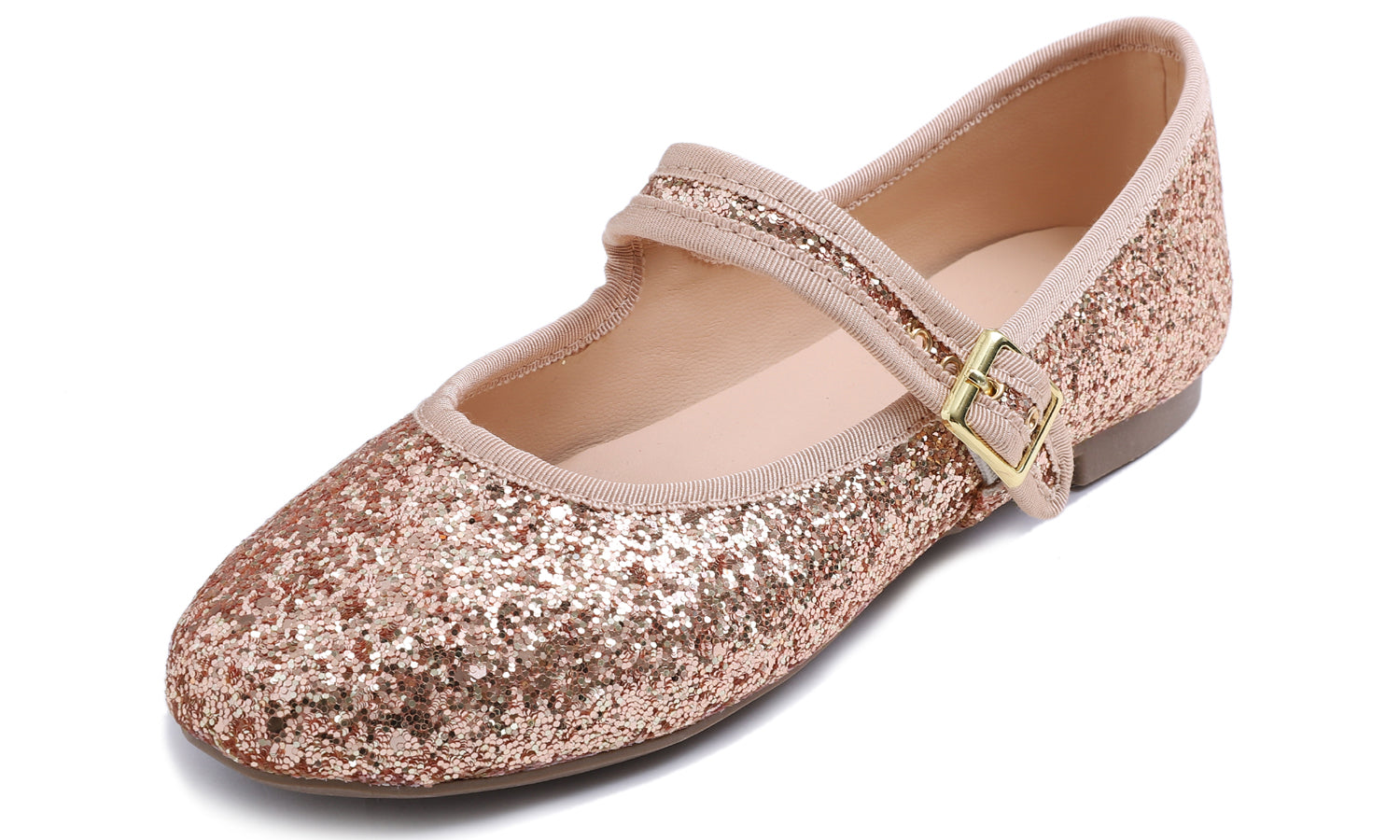 Feversole Women's Soft Cushion Extra Padded Comfort Round Toe Mary Jane Metal Buckle Fashion Ballet Flats Walking Shoes Rose Gold Glitter