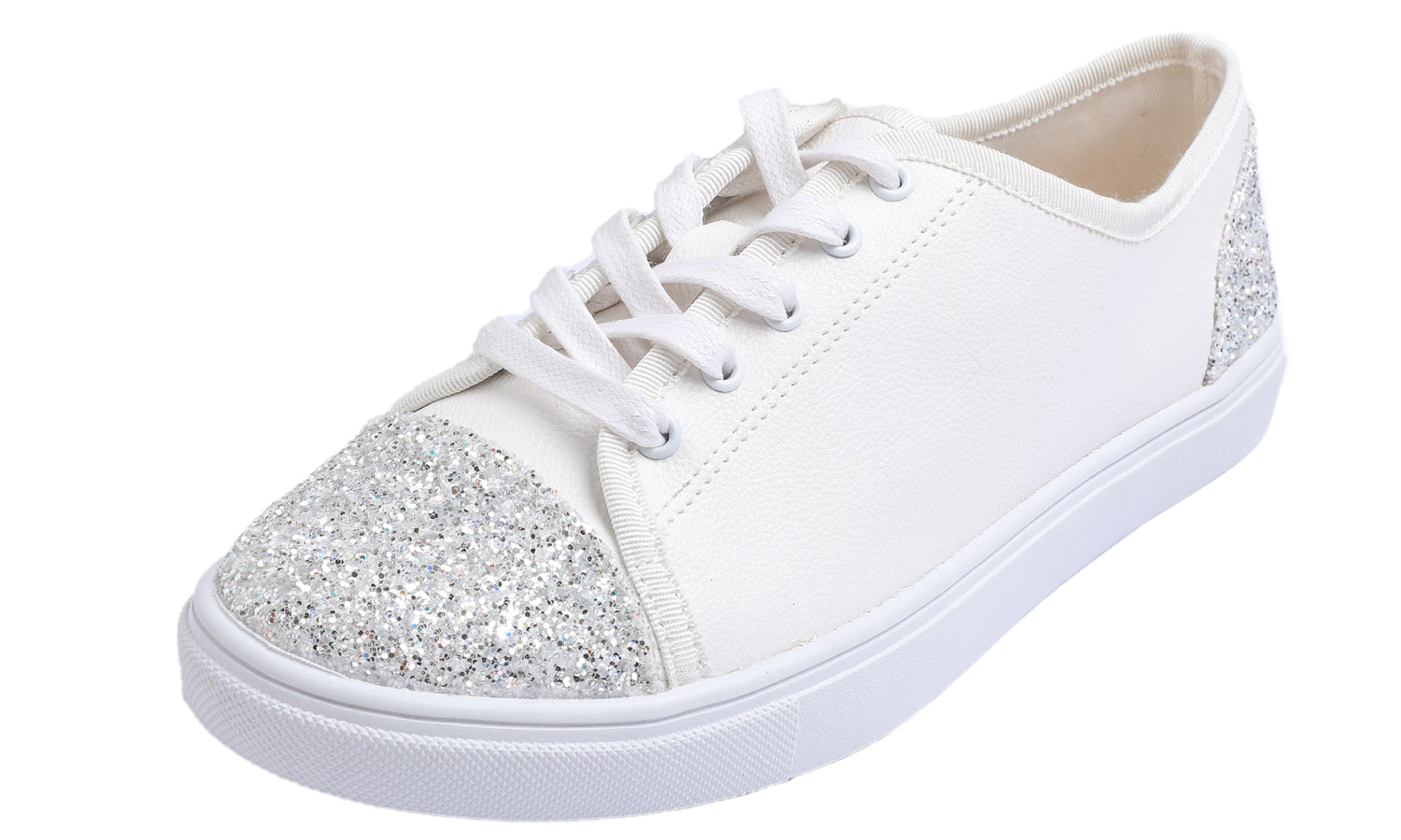 Feversole Women's Fashion Dress Sneakers Party Bling Casual Flats Embellished Shoes Ice Silver Glitter Cap Lace Up