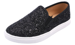 Feversole Women's Glitter Black Slip On Sneaker Casual Flat Loafers
