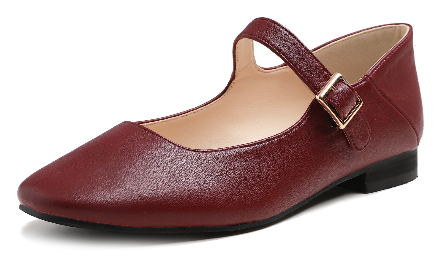 Feversole Women's Mary Jane Fashion Square Toe Easy Buckle Low Heel Slip On Flats Burgundy Red Vegan Leather