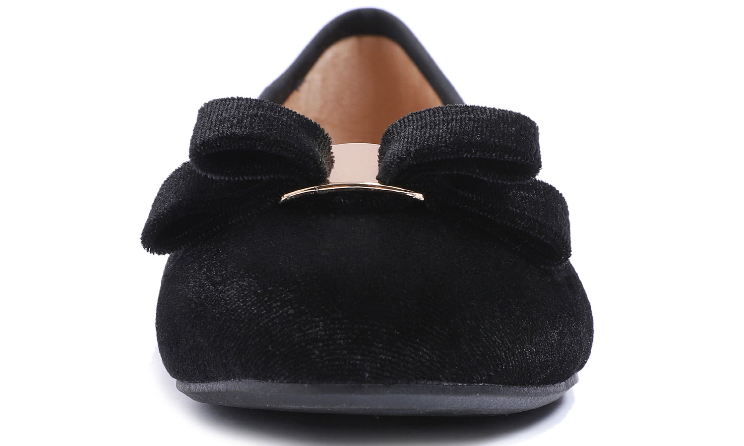 Feversole Women's Round Toe Cute Bow Trim Ballet Flats Black Velvet Metal Buckle