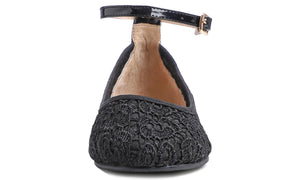 Feversole Women's Mary Jane Fashion Round Toe Easy Buckle Slip On Flats Black Lace Flat Heel Ankle Strap