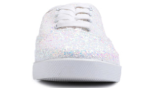 Feversole Women's Fashion Dress Sneakers Party Bling Casual Flats Embellished Shoes White Plimsolls Glitter Lace