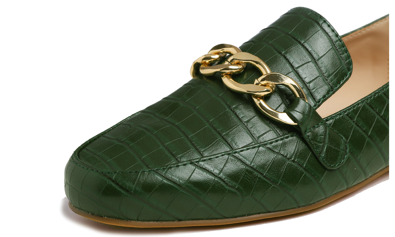 Feversole Women's Fashion Trim Deco Loafer Flats Dark Green Croc Chain