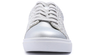 Feversole Women's Fashion Dress Sneakers Party Bling Casual Flats Embellished Shoes Ice Silver Glitter Lace