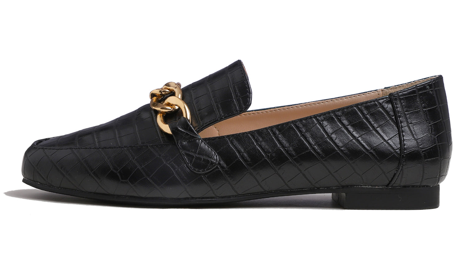 Feversole Women's Fashion Trim Deco Loafer Flats Black Croc Chain