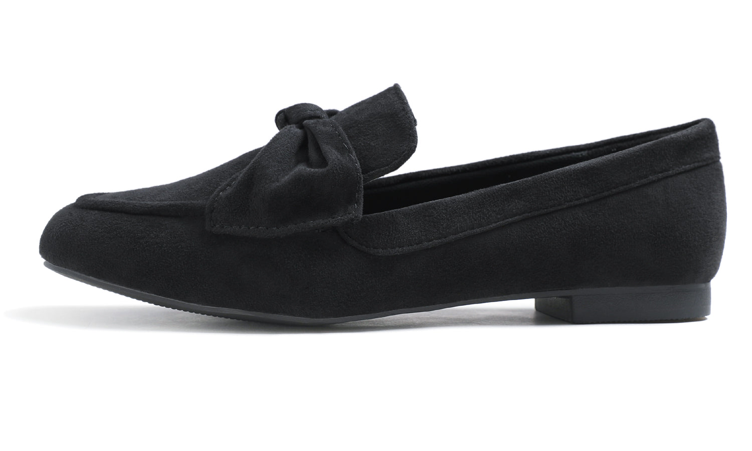 Feversole Women's Fashion Trim Deco Loafer Flats Black Faux Suede Bow Knot