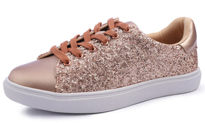 Feversole Women's Fashion Dress Sneakers Party Bling Casual Flats Embellished Shoes Rose Gold Glitter Lace