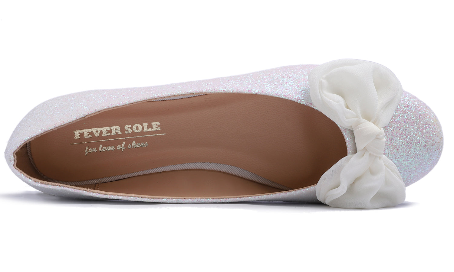 Feversole Women's Round Toe Cute Bow Trim Ballet Flats White Glitter