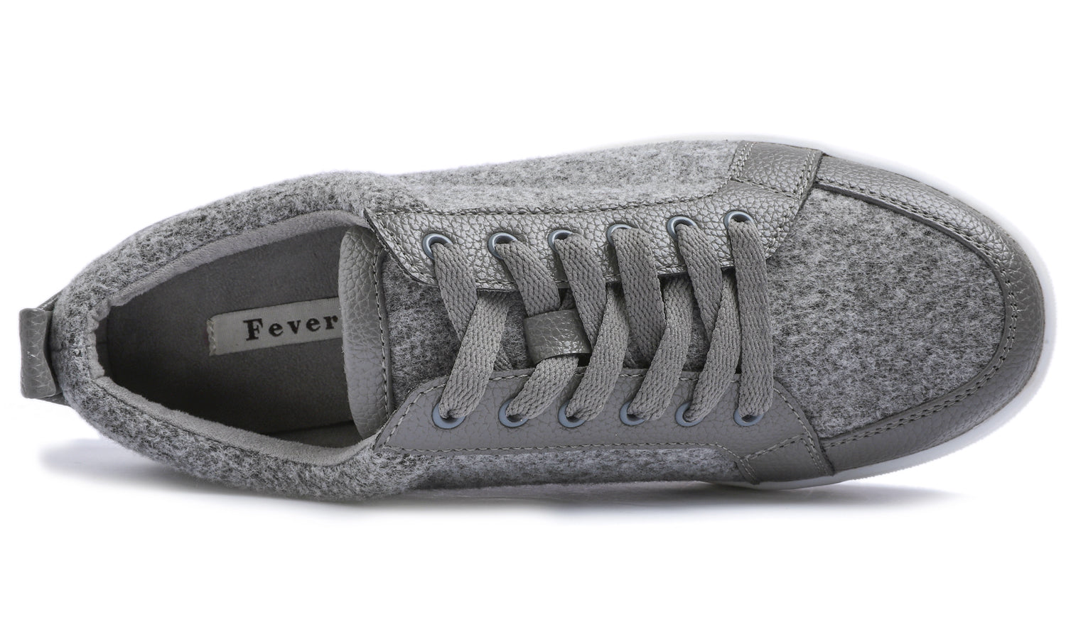 Feversole Women's Winter Vegan Leather Lightweight Platform Lace-Up Street Sneakers Grey Faux Woolen PU