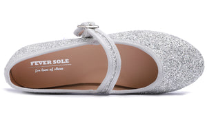 Feversole Women's Soft Cushion Extra Padded Comfort Round Toe Mary Jane Metal Buckle Fashion Ballet Flats Walking Shoes Ice Silver Glitter