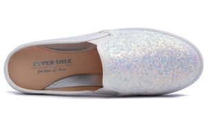 Feversole Women's Sport Mules Slip On Loafers Fashion Backless Sneakers White Glitter